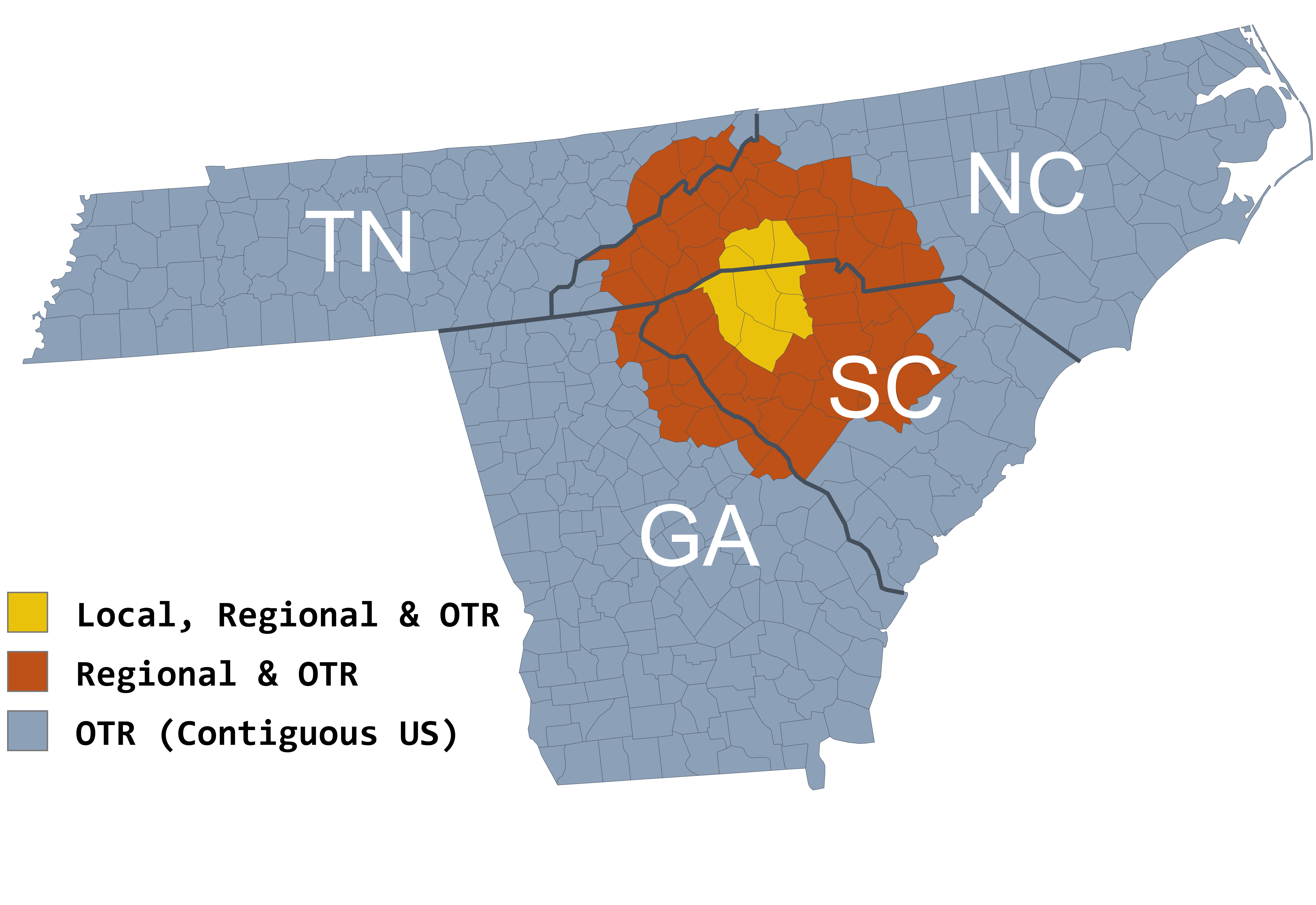 Heavy Haul Solutions local and regional CDL driver hiring zones map covering Spartanburg SC, upstate South Carolina, western NC/GA