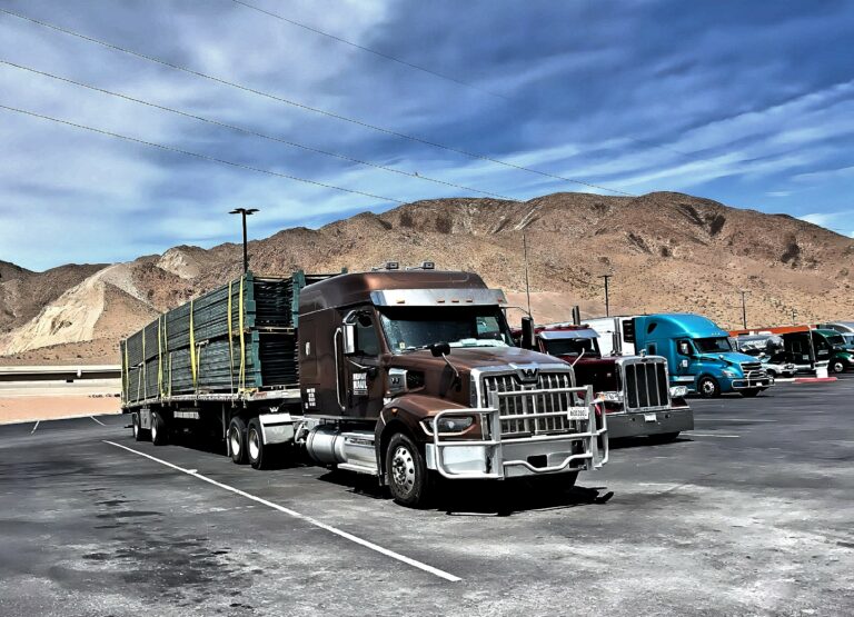 Semi tractor with livestock trailer parked in yard with desert mountains in background and other trucks visible.