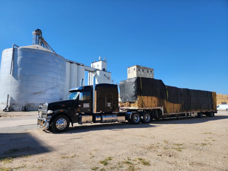 Semi tractor with stepdeck trailer hauling wrapped cargo parked at industrial facility with grain silos in background.