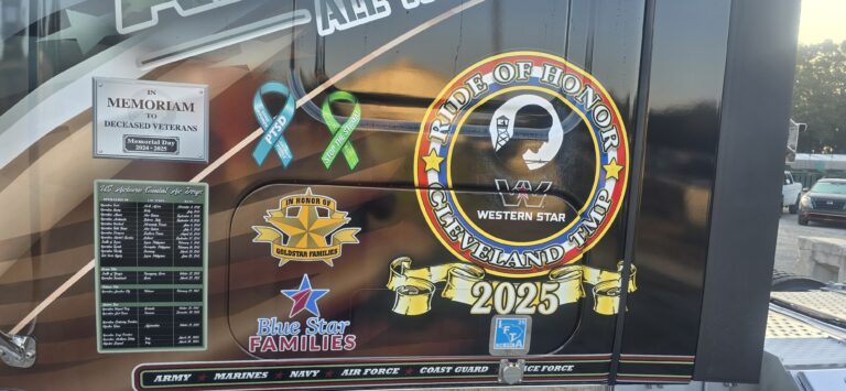 Truck side panel displays memorial to deceased veterans with ribbons, military branch seals, and 2025 Pride of Honor Ride Cleveland badge.