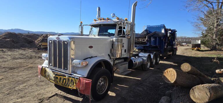 Semi tractor with dump trailer parked at yard with stacked logs nearby and mountains in distant background.