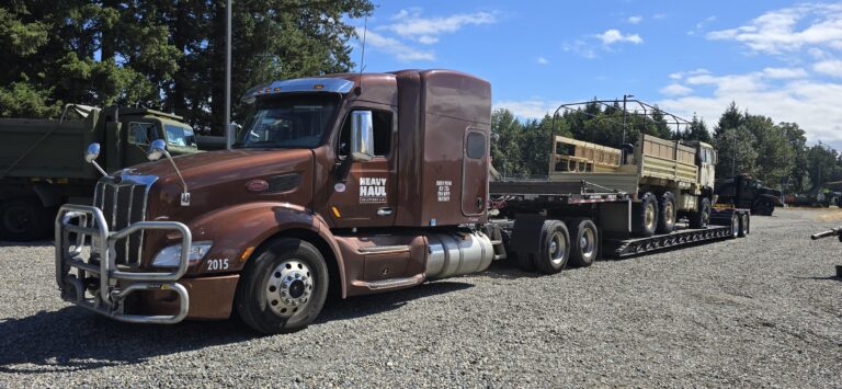 Semi tractor with step deck trailer parked at yard with additional flatbed trailers visible in background